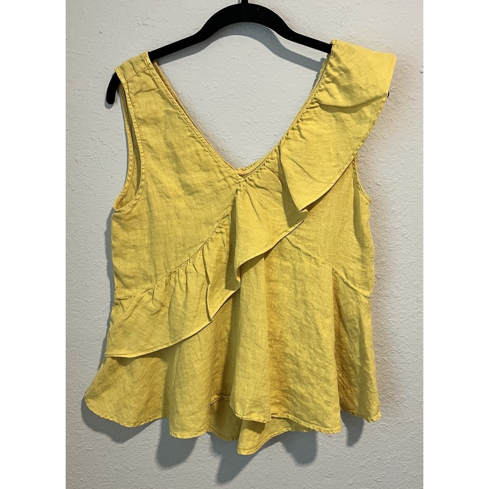 Zara Women's Top Size Small 100% Linen Tank Ruffley Canary Yellow Chic
